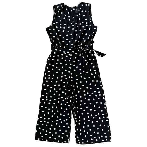 1990s Vintage Black White Polka Dot Jumpsuit Sz Small Sleeveless Wide Leg Belted - Picture 2 of 12